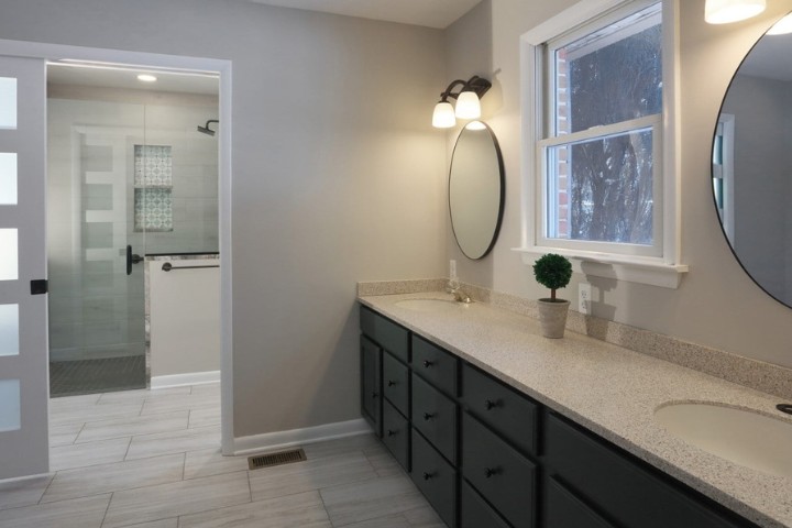 Maryland home remodel featuring wider vanity area doors for mobility aid access