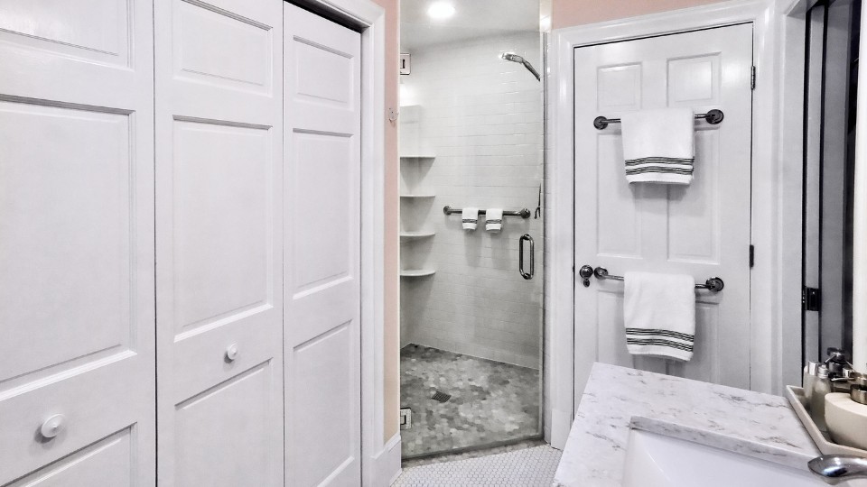 bathroom remodel aging in place Walk-in shower with grab bars in a Maryland aging in place bathroom remodel
