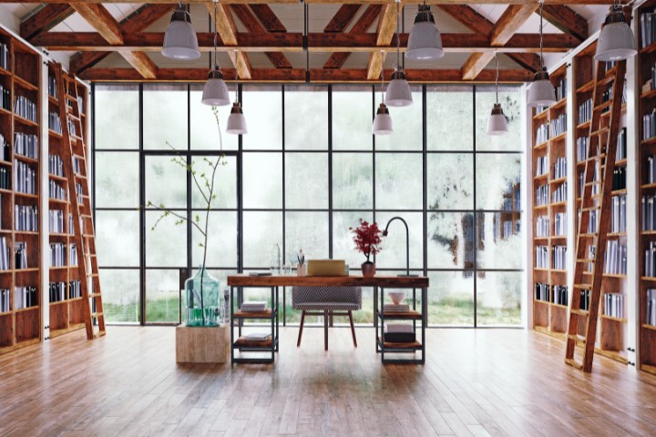 Stylish home library and workspace inside a remodeled garage
