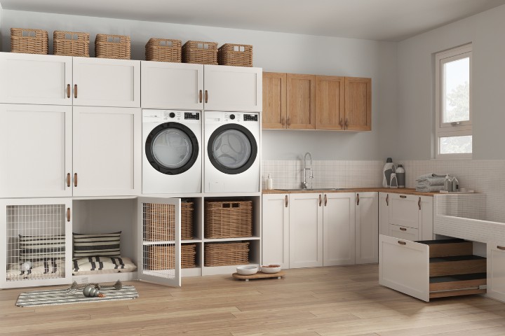 Garage converted into dual-use laundry and pet washing station with built-in storage features