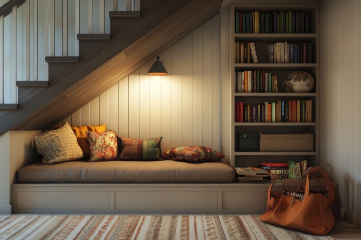 Garage converted into a cozy reading nook under stairs with warm lighting