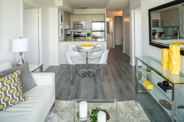 Modern garage ADU conversion with kitchen, dining, and living area