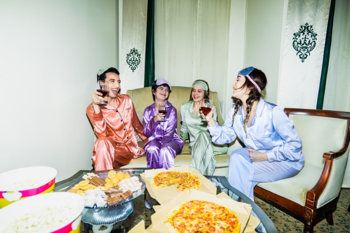 Social garage lounge pajama party and food
