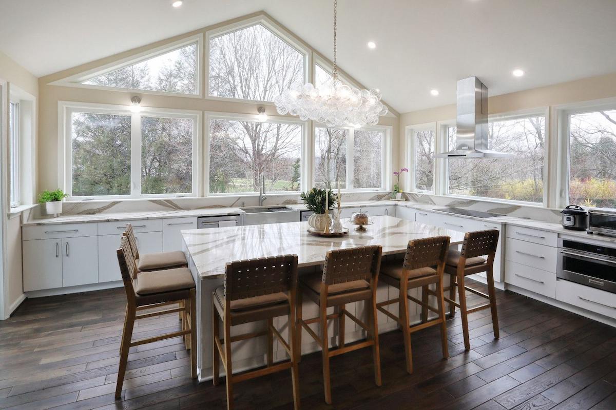 Bright kitchen remodel in Harford County, Maryland with vaulted ceilings and a spacious center island