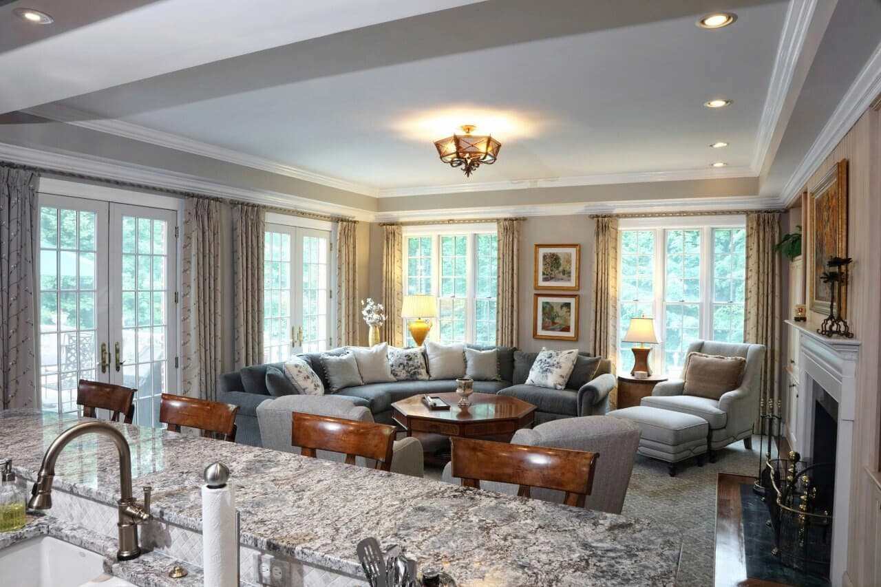 Transitional home interior showcasing classic molding and elegant living room layout