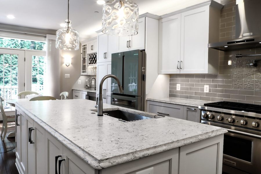 Harford County kitchen remodel featuring a large center island and quartz countertops