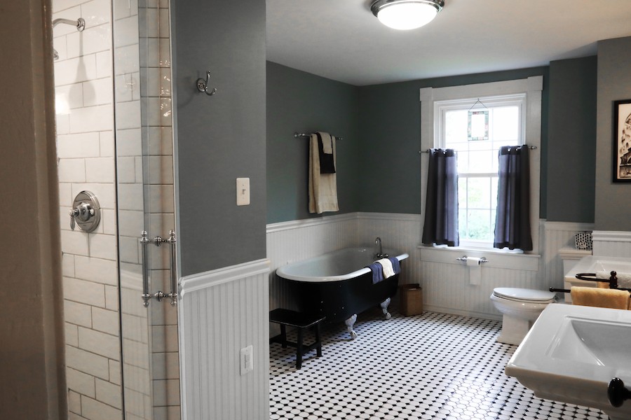 Vintage-inspired bathroom renovation in Harford County, Maryland with a walk-in shower and elegant design details