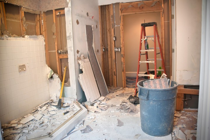 Bathroom remodel in Maryland showing wall removal requiring building permit approval