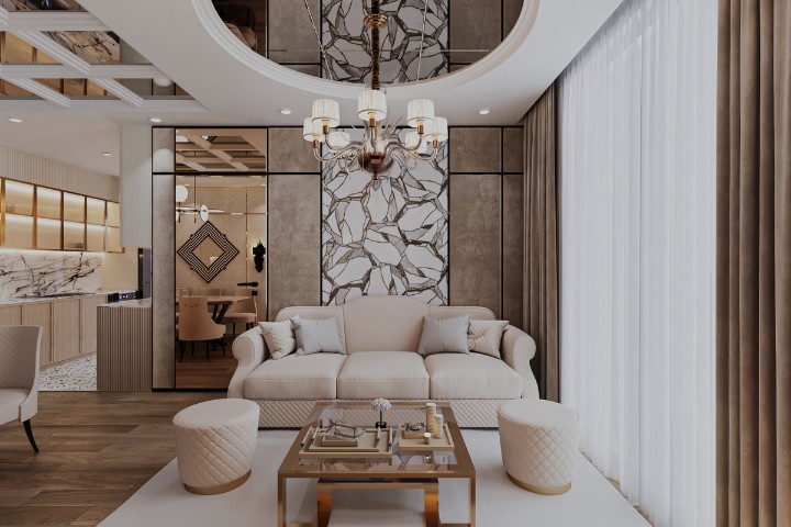 Neutral living room, elegant chandelier, and marble-inspired wall design exuding timelessness